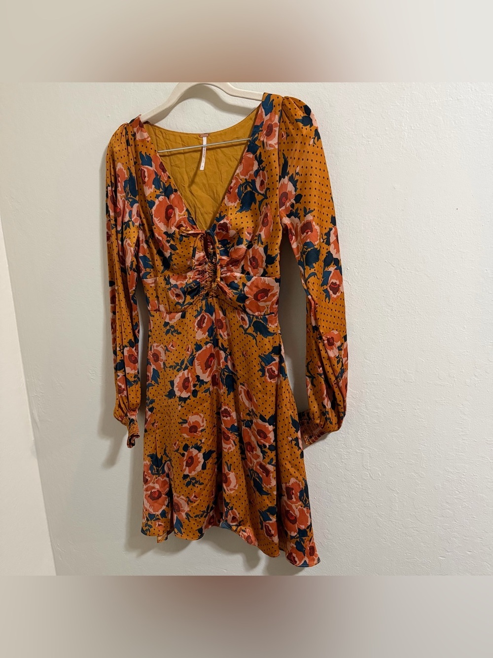 Free People Morning Light Mini Dress | Floral Polka Dot Satin size 0 flowy boho - Picture 4 of 10